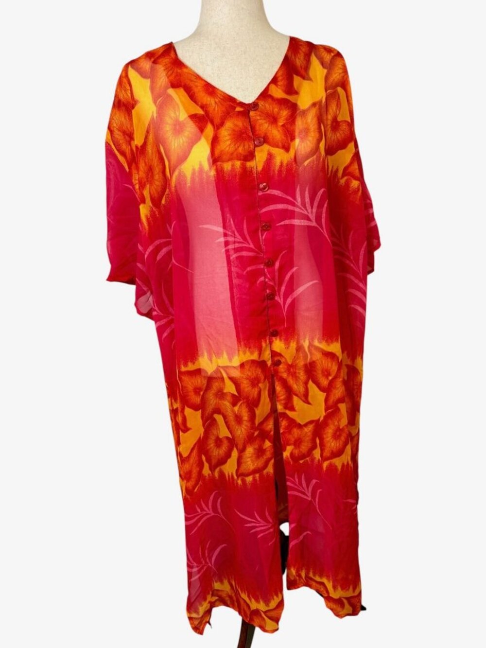 Vintage 90s Erica Brooke Pink Orange Floral Caftan Duster Dress Size 24